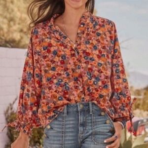 Sundance Floral Long Sleeve Peasant Boho Popover Blouse Size XL